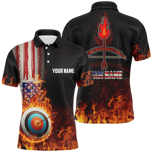 Personalized US Flag Flaming Target Archery 3D Polo Shirts, Fire Bow Arrow Archery Jerseys