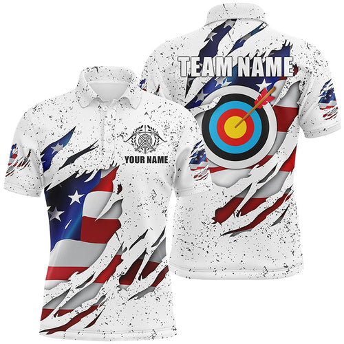 Personalized White Grunge US Flag Target Archery 3D Polo Shirts, Custom Archery Team Shirts