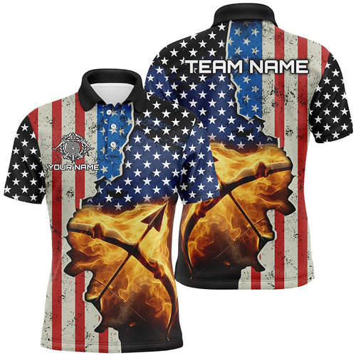 Personalized US Flag Archery Bow And Arrow Fire 3D Polo Shirts, Custom Archery Team Jerseys