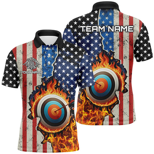 Personalized US Flag Flame Target Archery 3D Polo Shirts, Custom Archery Team Shirts Design