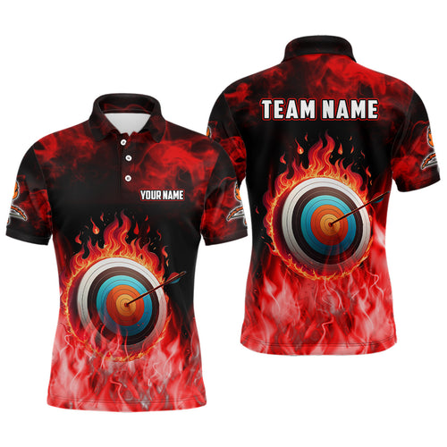 Personalized Red Flaming Target Archery 3D Polo Shirts, Fire Bow And Arrow Archery Jerseys