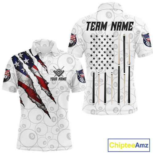 Custom White Grunge 8 Ball Pool American Flag Billiard Jersey, Patriotic Pool Team Shirts