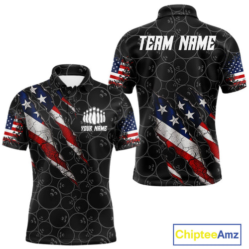 Custom Black Grunge American Flag Bowling Shirt, Patriotic Bowling League Team Jersey