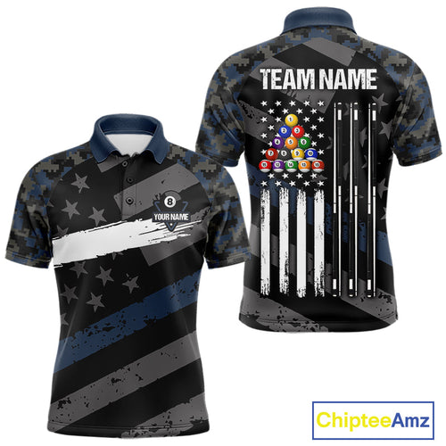 Blue Camo US Flag 8 Ball Billiard Pool Shirts Custom Patriotic Billiard Team Jersey