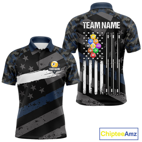 Blue Camo US Flag 9 Ball Billiard Pool Shirts Custom Patriotic Billiard Team Jersey