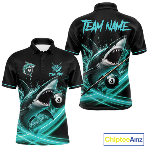 Black And Teal 8 Ball Shark Billiard League Shirts Custom Pool Team Jersey Polo & 1/4 Zip