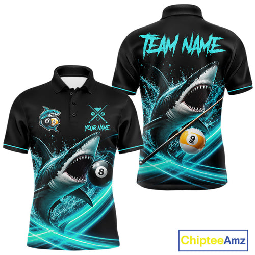 Black And Teal 8 Ball & 9 Ball Shark Billiard League Shirts Custom Pool Team Jersey