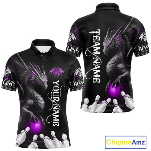 Black And Purple Custom Dragon Bowling Polo, 1/4 Zip Shirt, Bowling Team League Jersey
