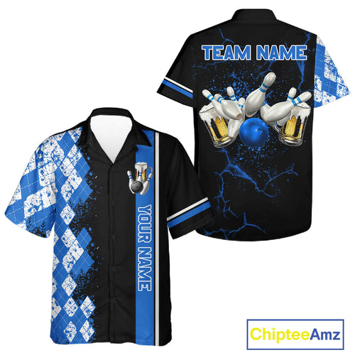 Black And Blue Argyle Pattern Beer Bowling Hawaiian Shirts Custom Bowling Button-Up Team Jersey