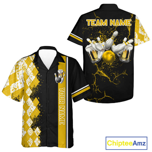 Yellow And Black Argyle Pattern Beer Bowling Hawaiian Shirts Custom Bowling Button-Up Team Jersey