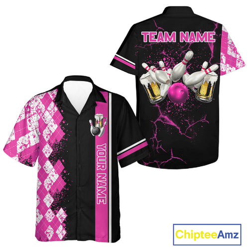Pink And Black Argyle Pattern Beer Bowling Hawaiian Shirts Custom Bowling Button-Up Team Jersey