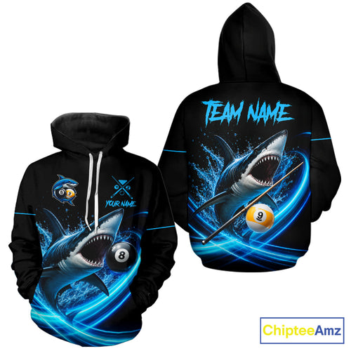 Black And Blue 8 Ball & 9 Ball Shark Billiard Hoodie Custom Pool Team Shirt And