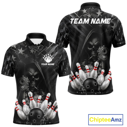 Black US Flag Grim Reaper Smoke Bowling Shirts Custom Bowling Team Jersey Polo & 1/4 Zip