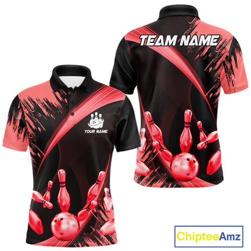 Personalized Black And Red Bowling Polo, Quarter Zip Shirts Custom Bowling Team Jersey