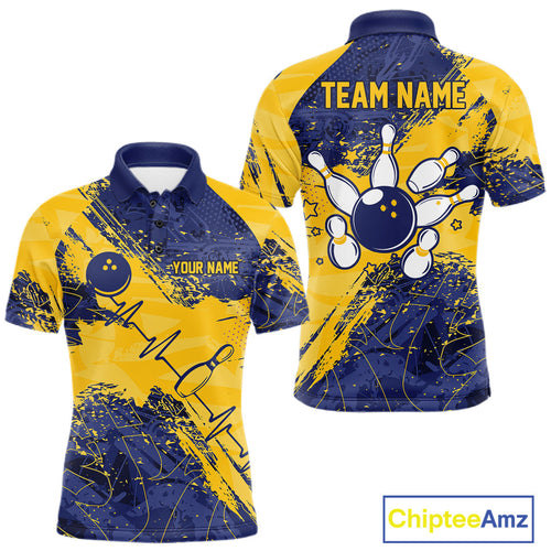 Blue And Yellow Grunge Heartbeat Bowling Polo, 1/4 Zip Shirt Custom Bowling Team Jersey