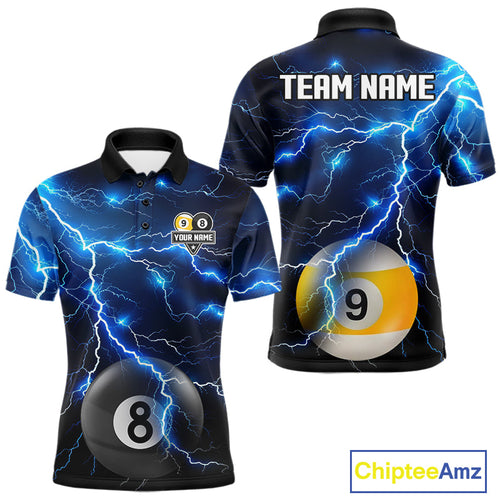 Blue Lightning Thunder 8 Ball & 9 Ball Billiard Jersey Custom Pool Team Shirts Polo, 1/4 Zip