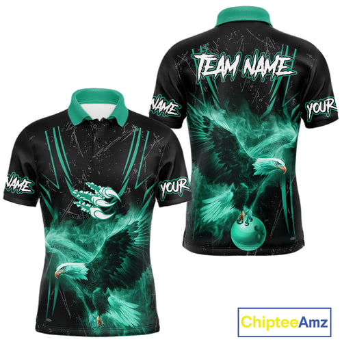 Personalized Black And Teal Flame Eagle Bowling Shirt Custom Bowling League Team Jersey