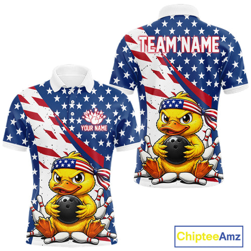Funny Duck American Flag Bowling Shirts Custom Patriotic Bowling Jersey Polo & 1/4 Zip