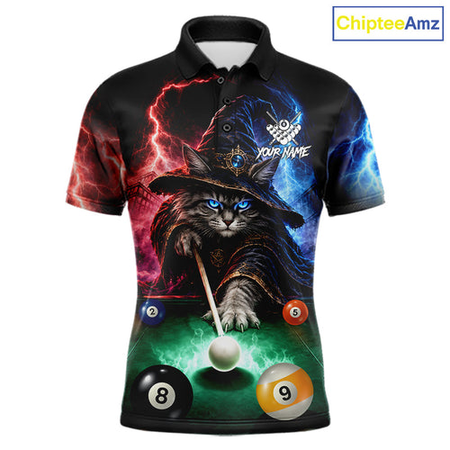 Funny Cat Wizard Lightning Thunder Billiard Shirt Custom Pool Team Jersey Polo & 1/4 Zip