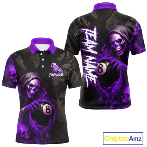 Grim Reaper Custom Flame 8 Ball Pool Billiard Shirt, Purple Black Billiard Team Jersey