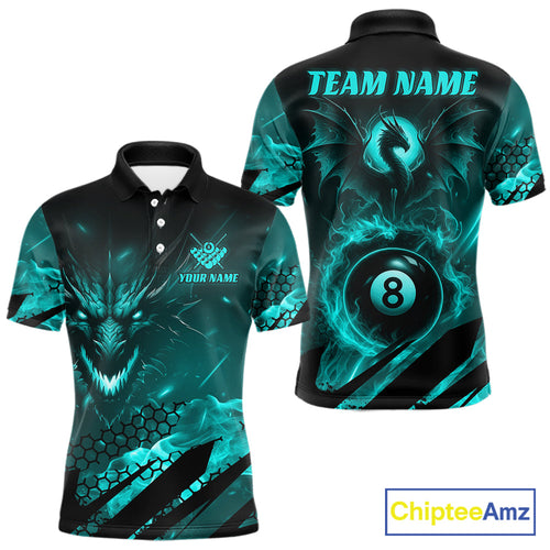 Personalized Teal Flaming Dragon 8 Ball Billiard Shirt, Pool Team Jersey Polo & 1/4 Zip