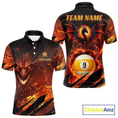 Personalized Orange Flaming Dragon 9 Ball Billiard Shirt, Pool Team Jersey Polo & 1/4 Zip