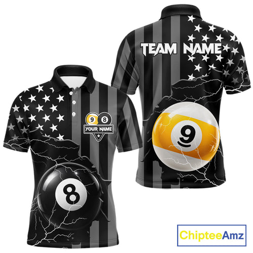 Black American Flag 8 Ball & 9 Ball Billiard Shirts Custom Lightning Pool Team Jersey