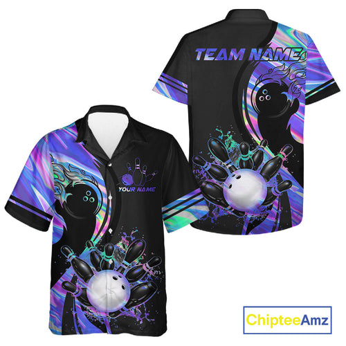 Black And Holographic Splatter Bowling Hawaiian Shirt Custom Bowling Button-Up Shirt