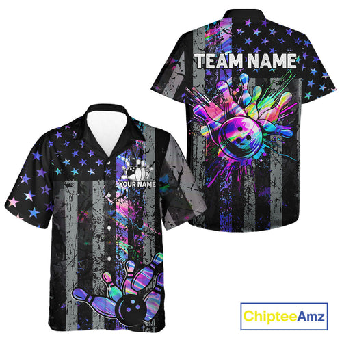 Custom Holographic Grunge American Flag Bowling Hawaiian Shirt, Patriotic Bowling Button Up Team Shirt