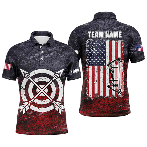 Personalized Retro USA Flag Archery Polo Shirts, Patriotic US Archery Jerseys For Team Archer