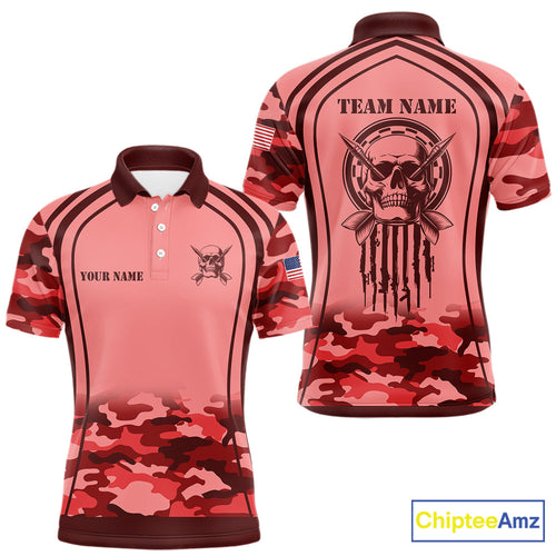 Vintage Red Camo Darts Polo, Quarter Zip Custom Dart Shirts, Camouflage Dart Team Jersey