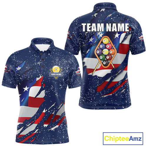 9 Ball Pool US Flag Navy Blue Grunge Custom 's Billiard Shirt, Patriotic Billiard Team Jersey