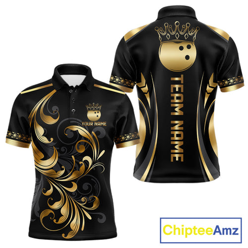 Custom Black And Gold Crown Swirl Bowling Shirts Bowling League Team Jersey Polo, 1/4 Zip