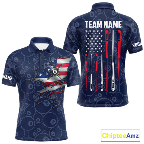 Navy Blue American Flag 8 Ball Billiard Jersey Custom Patriotic Pool Team Shirts