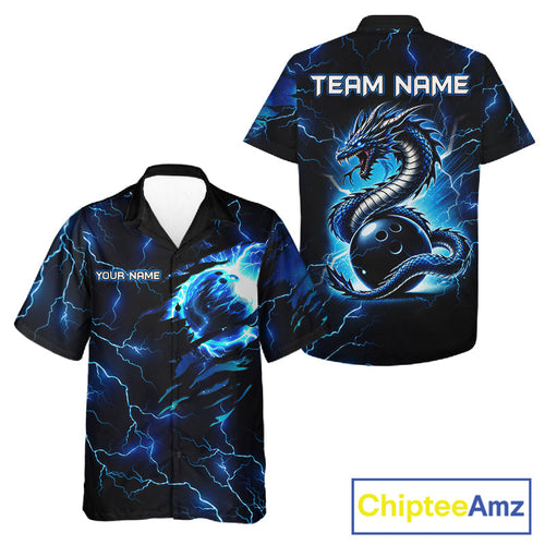Blue Lightning Thunder Custom Dragon Bowling Hawaiian Shirt, Bowling Team Jersey