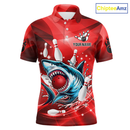 Red Funny Shark Bowling Shirt Custom Bowling Team Jerseys, Personalized Gift For Bowlers