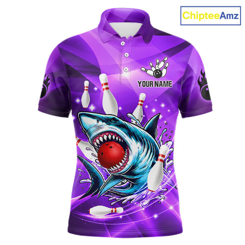 Purple Funny Shark Bowling Shirt Custom Bowling League Team Jersey Polo & Quarter Zip