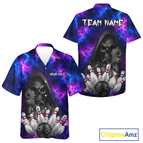 Blue And Purple Grim Reaper Galaxy Bowling Hawaiian Shirt Custom Bowling Button-Up Team Jersey