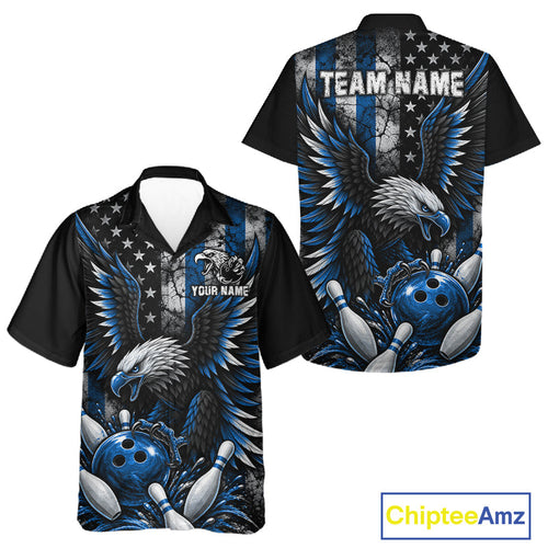 Custom Blue Grunge American Flag Eagle Patriotic Bowling Hawaiian Shirt, Retro Bowling Team Jersey