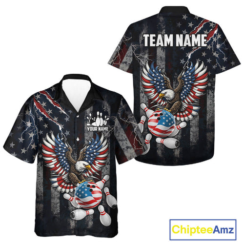 Vintage American Flag Eagle Patriotic Bowling Hawaiian Shirt Custom Bowling Team Button Up Jersey