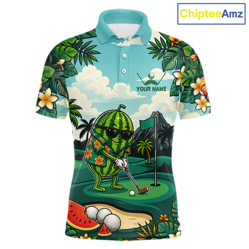Funny Watermelon Golfer Monstera Tropical Polo Shirts Custom Golf Team Outfits Golf Gifts