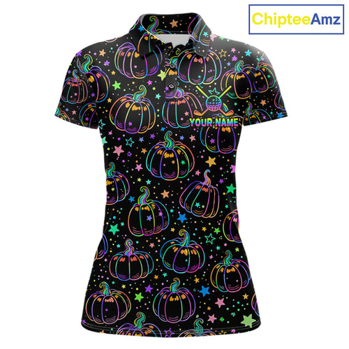 Rainbow Holographic Pumpkin Golf Polo Shirt Custom Halloween Golf Team Attire