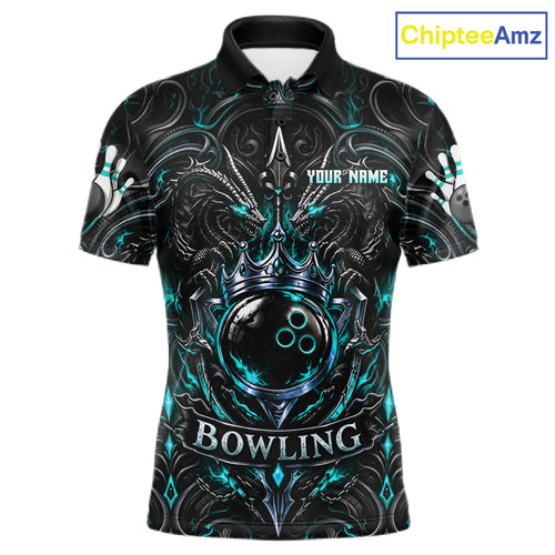 's Teal Gothic Dragon Bowling Polo Quarter-Zip Shirt Custom Neon Blue Strike Bowling Team Jersey