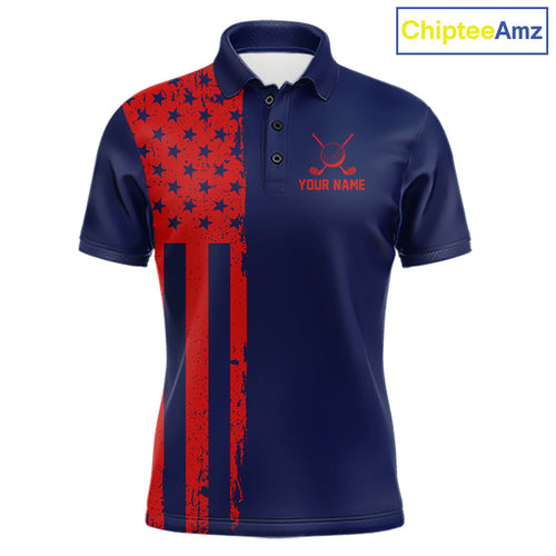Navy And Red American Flag Golf Polo Shirts Custom Name Patriotic Team Golf Uniform Nqs10019