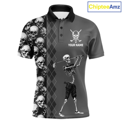 Grey Skeleton Golf Polos Shirts Custom Name Golf Skull Shirts, Personalized Golf Gifts