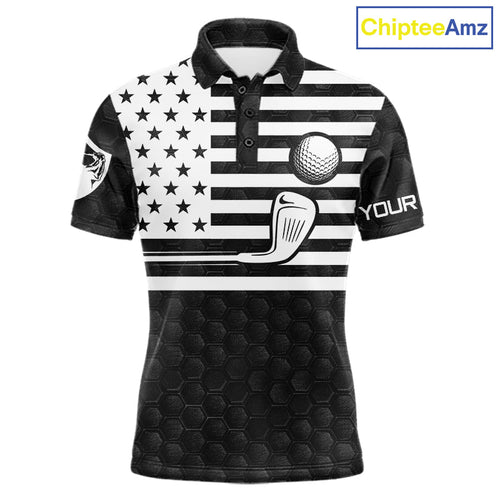 Black And White Skull US Flag Golf Polos Shirts Custom Name Golf Skull Shirts