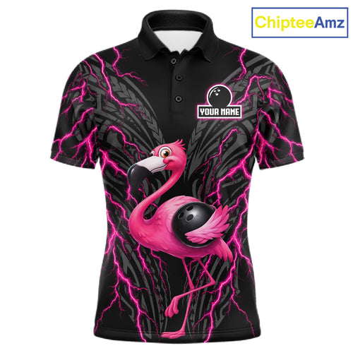 Funny Flamingo Tribal Bowling Team Jersey Custom Pink Thunder Lightning Bowling Polo 1/4-Zip Shirt