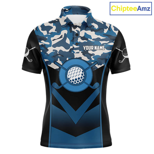 Black Blue Navy Camo Golf Polo Shirts Custom Golf Outfit, Personalized Golf Team Gifts