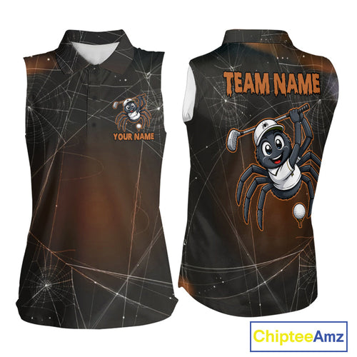 Funny Spider Halloween Golf Shirt Custom Name Sleeveless Golf Polo Spiderweb Golf Team Outfits