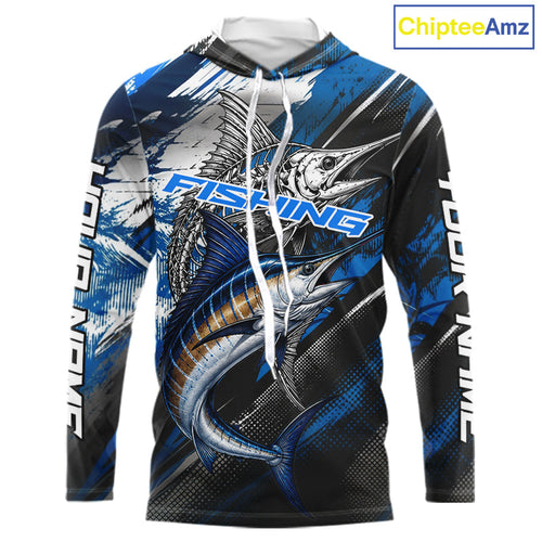 Custom Blue Marlin Fishing Jersey Marlin Skeleton Fishing Tournament Shirt, Saltwater Angler Apparel Gifts